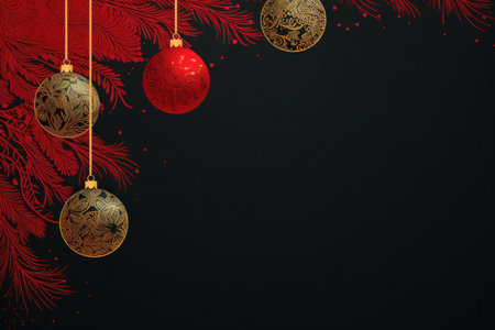 gold and red elegant Christmas ornament on black background with copy space with copy space.Greeting Christmas cardの素材