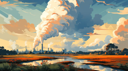 Abstract industrial landscape background.factory smoke clusters pollute the environment, and pollution damages the environment. environmental protection conceptの素材