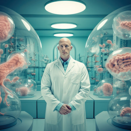 a bald man in a white doctors coat in a room with strange substances in glass round containers. in pastel colorsの素材
