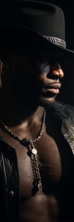 narrow portrait of a black man in a cowboy hat and with a chain around his neck vertical banner for a website or poster.の素材