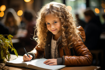 Cute schoolgirl with long wavy hair with a book and pen at a table in an autumn cafe.の素材