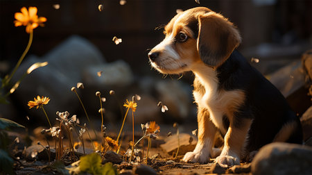 A beagle dog sits on the grass covered with fallen leaves in an autumn park against the background of falling leaves from a treeの素材
