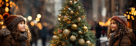 two girls looking at a Christmas tree decorated with balls and garlands.holiday and Christmas conceptの素材