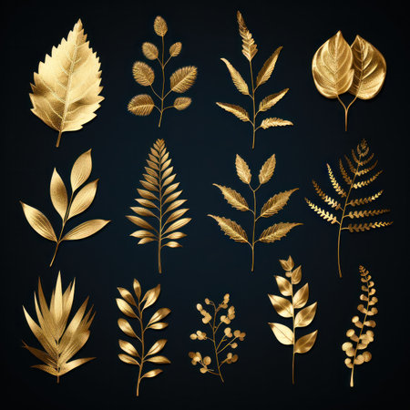 Golden tropical leaves on a black background, can be used as design elements for cards and bannersの素材