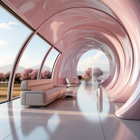 pink glowing tunnel fantasy space with smooth metal walls and seating areas.の素材