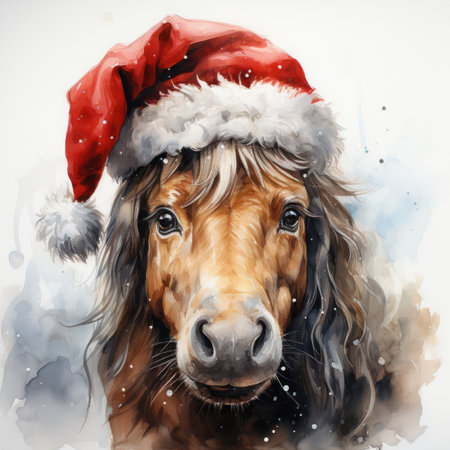 Beautiful Christmas card with a brown horse in a Santa hat, watercolor styleの素材