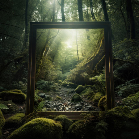 Fantasy magic portal. A portal in the elven forest to another world, a refraction of space. Digital Art and Illustration. Drawing. Hyper-realistic.の素材