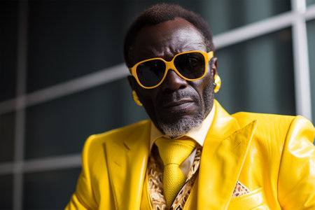 African American man in a stylish yellow suit and sunglasses.の素材