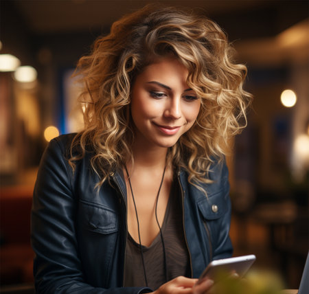 Young happy blonde woman reading sms on mobile phone in a cafe .の素材