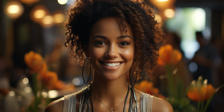 portrait of a young beautiful Hispanic woman on a blurred background of a flower shopの素材