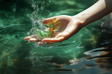 A woman holds a gentle image of nature in her hands on a background of emerald green water.World Environment Day, illustration for content about global warmingの素材