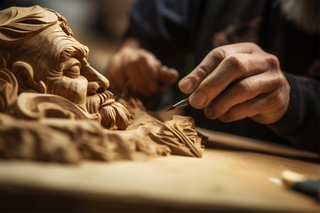 Tired hands of a carpenter perform wood carving. Heritage Craft.Exclusive Artist Workの素材