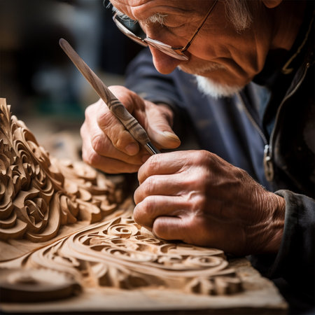 Tired hands of a carpenter perform wood carving. Heritage Craft.Exclusive Artist Workの素材