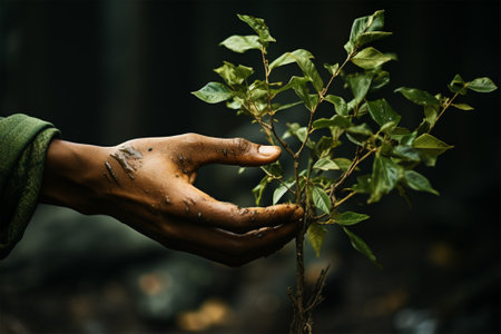 A mans hand touches a tree trunk close-up. Caring for the environment. Ecological concept of saving the world and loving natureの素材