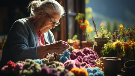 gray-haired grandmother sits at the table sorting out threads and yarn for knittingの素材