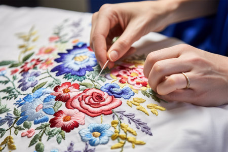 close-up of the hands of a master working on satin stitch embroidery. Modern ethnic folk embroidery, traditional embroidery . historical and national crafts.の素材