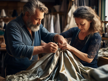 Business owners fashion designer and seamstress working on their design in the workshop. Small businessの素材