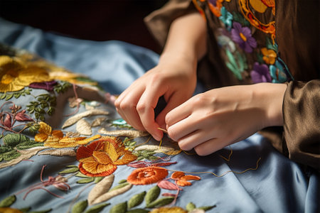 close-up of the hands of a master working on satin stitch embroidery. Modern ethnic folk embroidery, traditional embroidery . historical and national crafts.の素材