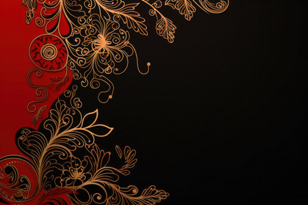 gold and red elegant Christmas ornament on black background with copy space.Greeting Christmas cardの素材