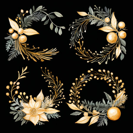 watercolor Christmas wreath of leaves, flowers and berries on a black background.elements for the design of Christmas cards and bannersの素材