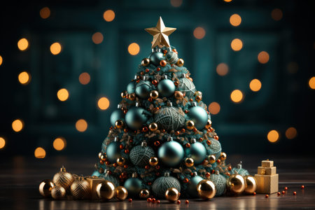 decorative Christmas green and gold toy tree against the background of Christmas illumination. copy spaceの素材