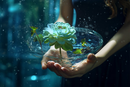 A woman holds a gentle image of nature in her hands on a background of emerald green water.World Environment Day, illustration for content about global warmingの素材