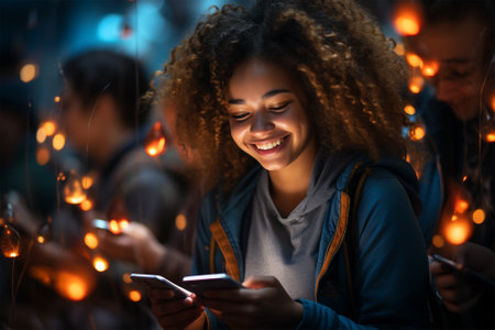 Beautiful young woman using a smartphone, in a bright festive interior, illuminated by the light of garlands. Portrait of a gorgeous smiling woman using a mobile phoneの素材