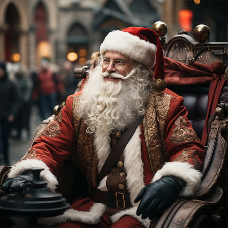 Santa Claus in a stylized retro car with embroidery and with ethnic elements on clothes.の素材