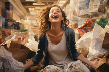 young woman with shopping bags in a store. the woman is glad and happy with the number of purchases and discounts.の素材