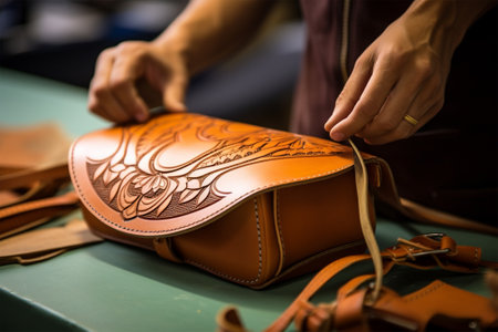 close-up of the hands of a craftsman working in a traditional leather workshop producing bags, wallets and accessories. historical and modern craftsの素材