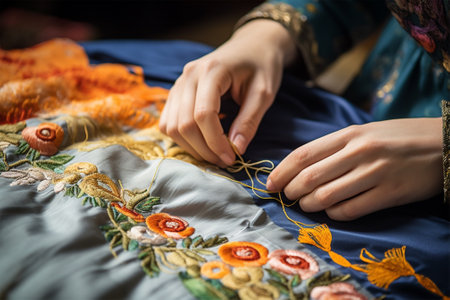 close-up of the hands of a master working on satin stitch embroidery. Modern ethnic folk embroidery, traditional embroidery . historical and national crafts.の素材