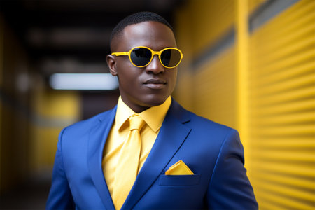 Street style clothes - fashionable stylish senior man in a bright extravagant blue suit on the street. fashion concept, blogger contentの素材
