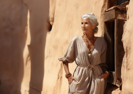 Beautiful gray-haired elderly woman in a light dress on the street in Morocco.の素材