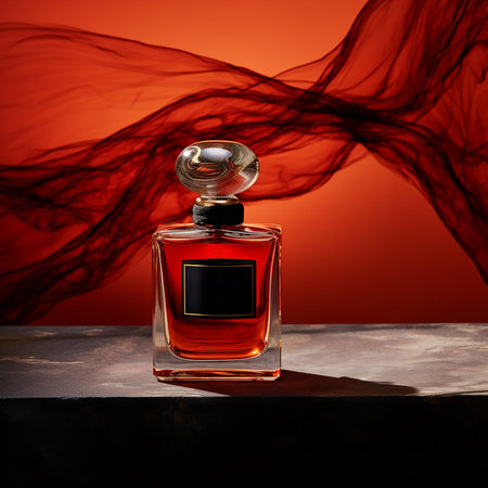 perfume bottle mockup with red lighting on black background. Advertising presentation of perfumesの素材