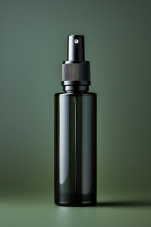 black container with a spray bottle on a dark background. strict, laconic packaging for mens cosmetics or perfumes.の素材