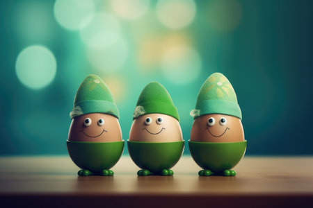 eggs in the form of a leprechaun with green caps and gold on a wooden table on a blurred background. . patricks dayの素材
