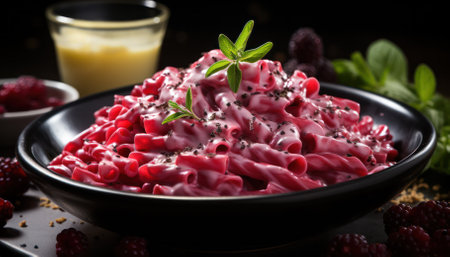 pasta with beets, cheese and herbs on a dark background. for a recipe bookの素材