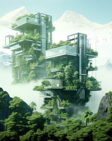 Green garden in a modern city. Spectacular eco-futuristic cityscape concept full of greenery, parks and other artificial green spaces in Eco-Houses.の素材