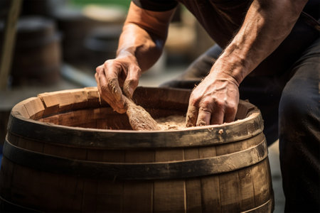 the hands of a master clean a barrel of clay after a flood.の素材