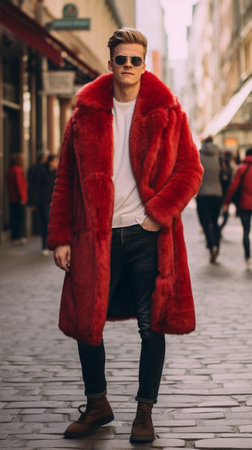 Street style clothing - fashionable man in an extravagant red fur coat on the street. for Fashion Concept, Animal Welfare and Faux Fur, Content Bloggerの素材