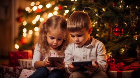 Children look at the screens of electronic devices with interest while sitting under the Christmas tree. Christmas and New Year holiday concept. gifts for Christmasの素材