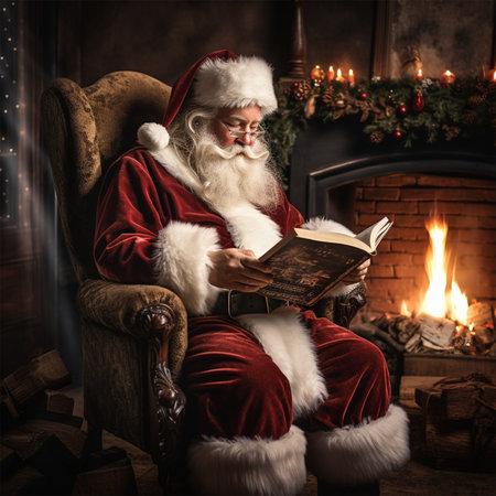 Santa Claus reads a book in a room with a fireplace, decorated for Christmas. Christmas and New Year conceptの素材