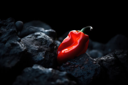 Dry chili pepper isolated on black background of volcanic solidified lava. Culinary ingredients for hot cooking.の素材