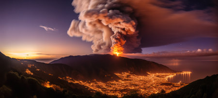 big volcanic eruption at night. pyroclastic cloud.の素材