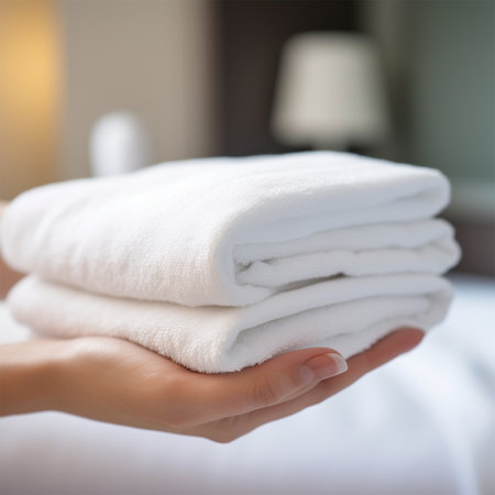 Woman holding clean white towels indoors in hotel room or spa center.の素材