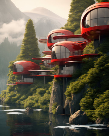 Spectacular eco-futuristic concept of mountain rock houses of a round shape. surreal landscape of an unknown planetの素材