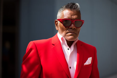 Street style clothes - fashionable stylish senior man in a bright extravagant red suit on the street. fashion concept, blogger contentの素材