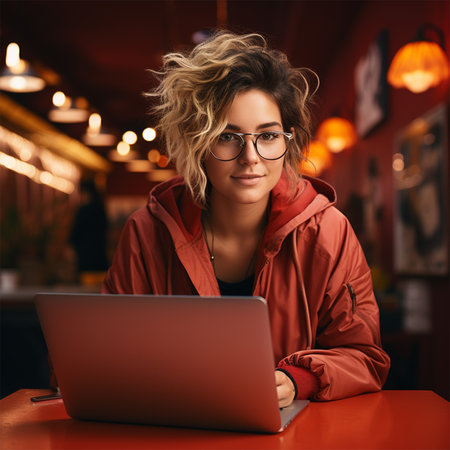 a young woman in glasses and a red jacket with a laptop against the backdrop of a bright cafe interior.の素材