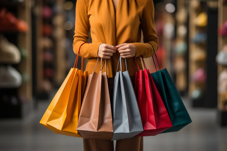 Young woman with shopping packages on defocused background.の素材