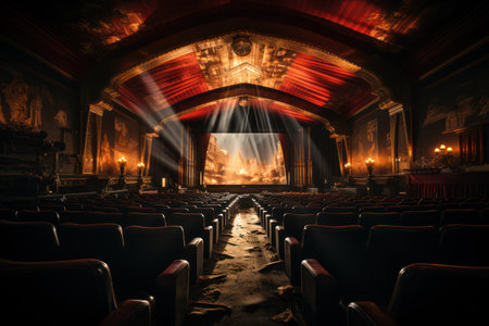 film on screen old retro cinema with red velvet walls and seats. mystical atmosphere.の素材